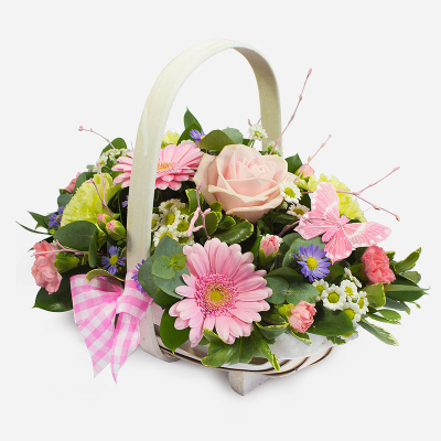 Pretty Perfect  - It’s pretty. It’s perfect. A floral basket overflowing with pastel-shaded picks, neatly arranged with foliage and topped with a bow*. An ideal gift, whatever the occasion. (*Available in pink or blue)
